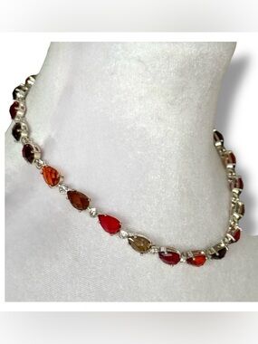 Multicolor Crystal Statement Necklace Red Orange Green Silver Vintage Choker